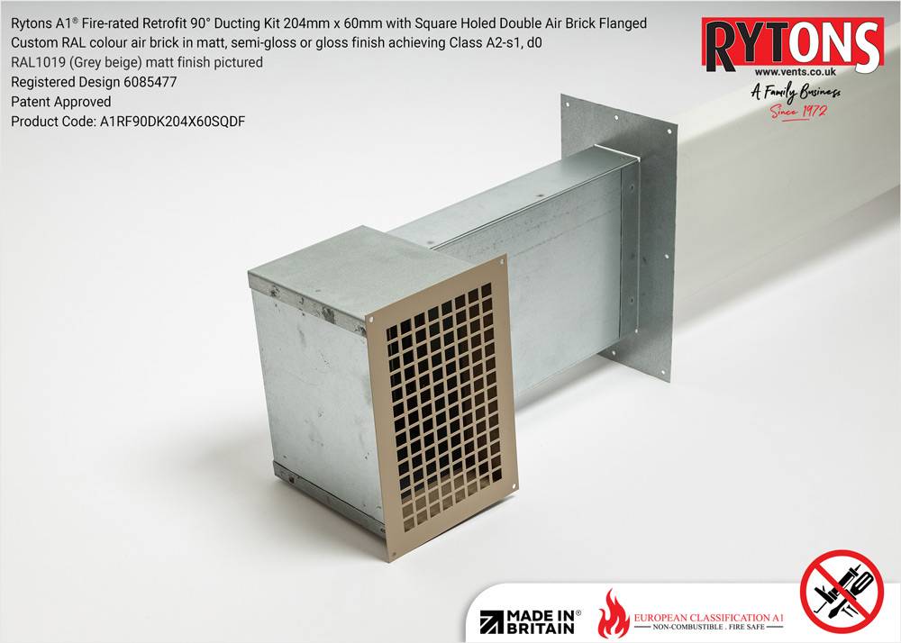 Rytons A1 Fire-rated Retrofit 90° Ducting Kit 204mm x 60mm with Double Air Brick