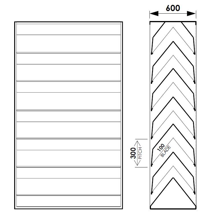 Acoustic Louvre Model AL3030D, 600 mm deep Double Bank Chevron - 300 mm Pitch Horizontal Metal Louvres