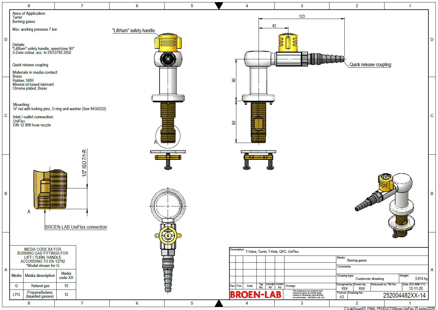 A Table Mounted Laboratory One-way Gas Tap with Quick Release Couplings