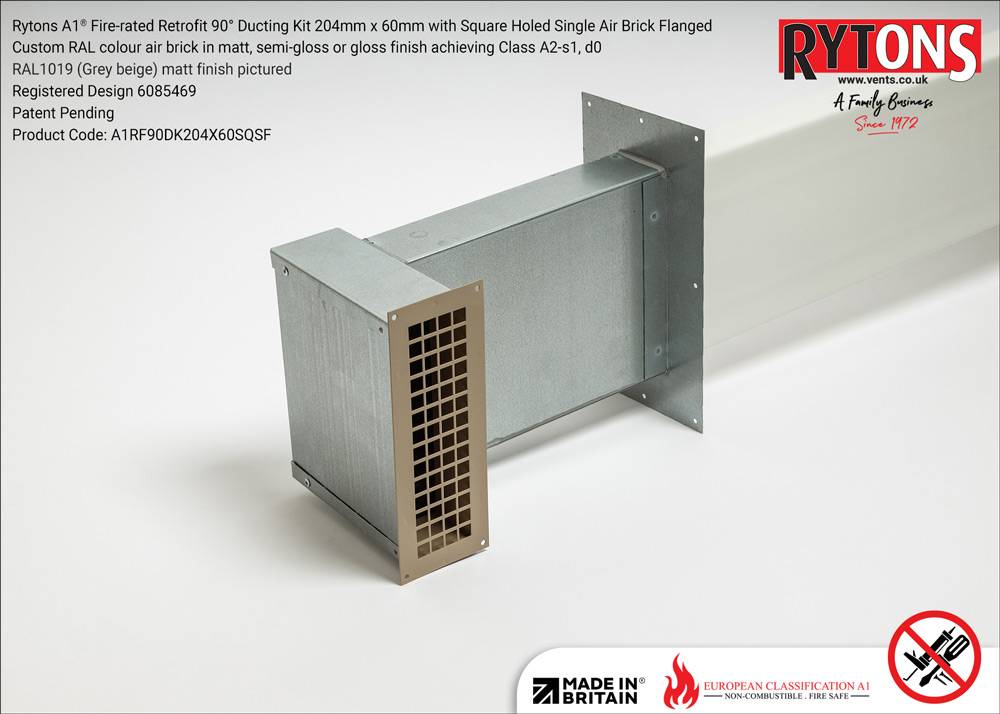 Rytons A1 Fire-rated Retrofit 90° Ducting Kit 204mm x 60mm with Single Air Brick