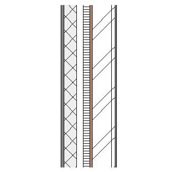 Cement rendered concrete block cavity wall with steel frame, particleboard, insulation and plasterboard lining