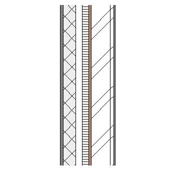 Cement rendered concrete block cavity wall with steel frame, particleboard, insulation and plasterboard lining