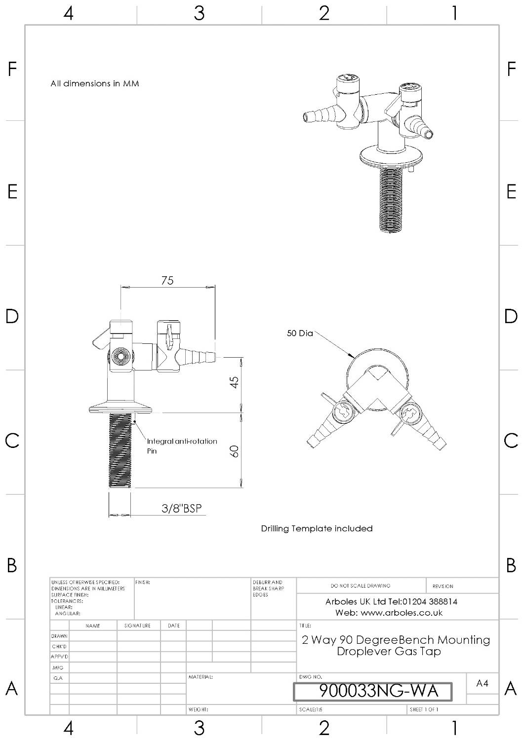 Arboles UK Two Way Bench Mounted Drop Lever Gas Tap - Laboratory gas tap