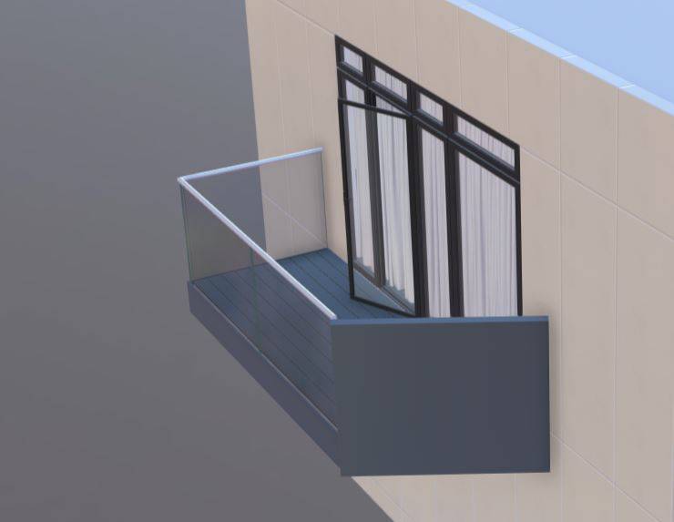 Trapezium Clear Glass Glide-On Cassette Balcony with Fascia and Single Solid Side