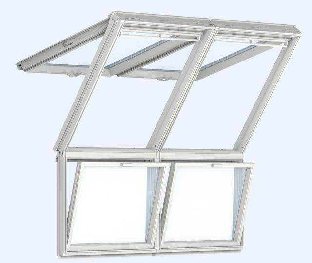GPU Manually Operated, White Polyurethane Top-Hung Roof Windows with Fixed Vertical Windows Below, Twin Installation