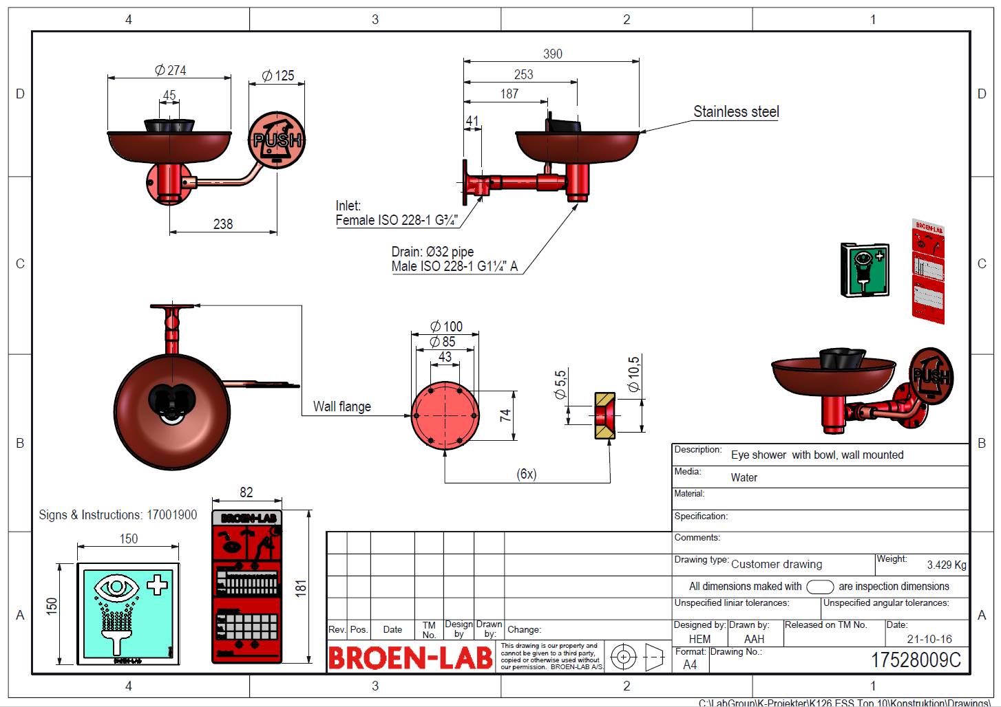 Wall Mounted Emergency Eyewash Exposed Piping