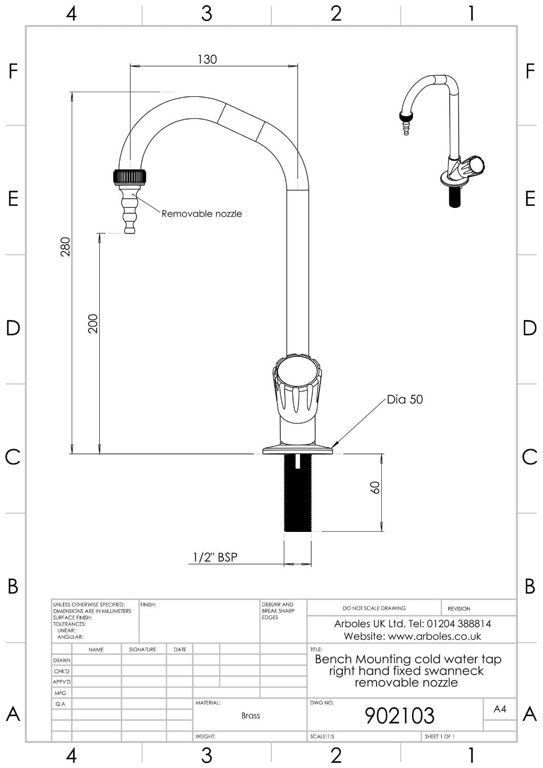 Arboles UK Bench Mounted Cold Water Swan Neck Tap With Removable Nozzle