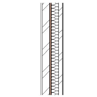 High pressure laminate with metal frame, weather barrier, particleboard insulation, concrete block, steel frame and plasterboard lining