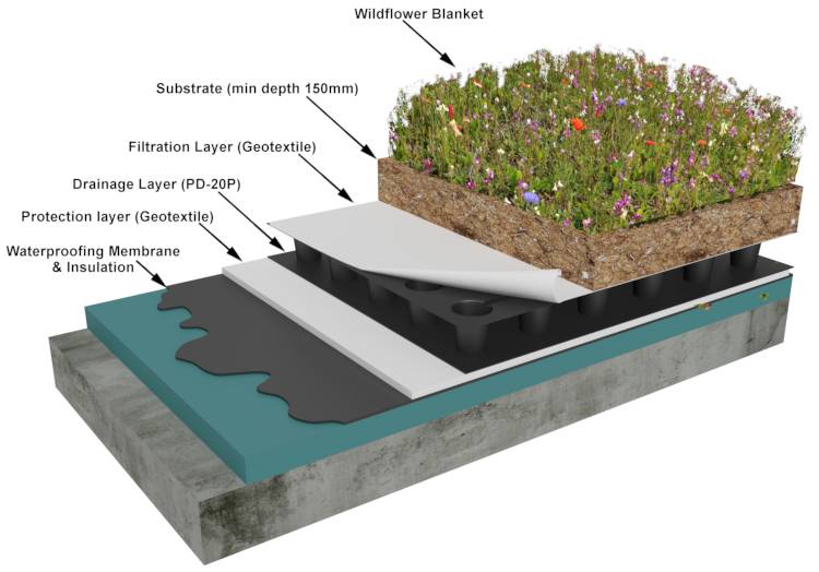 Extensive WildFlower Green Roof - Rollout Blanket System - Extensive Sedum Green Roof System