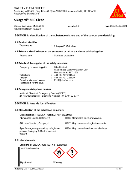 Sikagard®-850 Clear - Safety Data Sheet (SDS)
