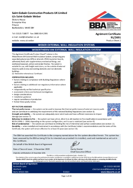 BBA Agrément Certificate (91/2691) Product Sheet 2 (webertherm XM for low rise with adhesively-fixed EPS/PHS)