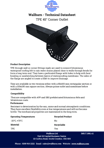 Datasheet - TPE 45° Corner (Through Wall) Outlet Round Shank Perforated Flange