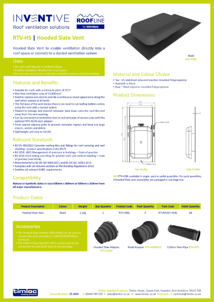 Timloc Building Products RTV-HS Hooded Slate Vent Datasheet