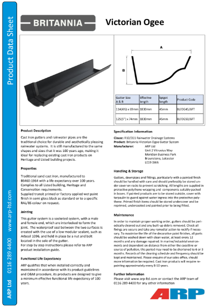 Britannia Victorian Ogee Data Sheet