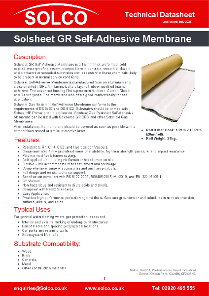 Solsheet GR Self-Adhesive Membrane Technical Data Sheet