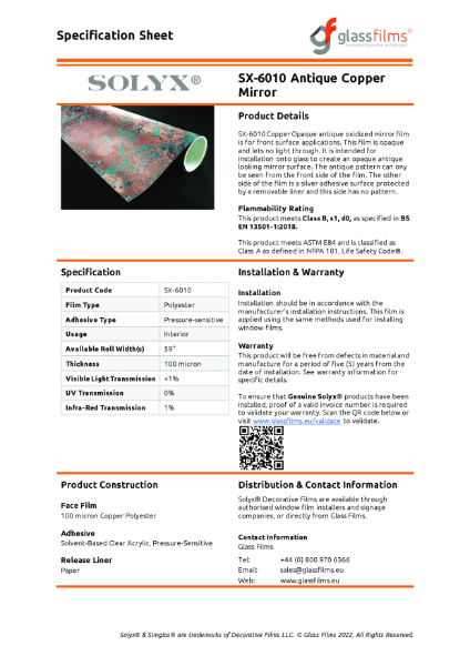 SX-6010 Antique Copper Mirror Specification Sheet