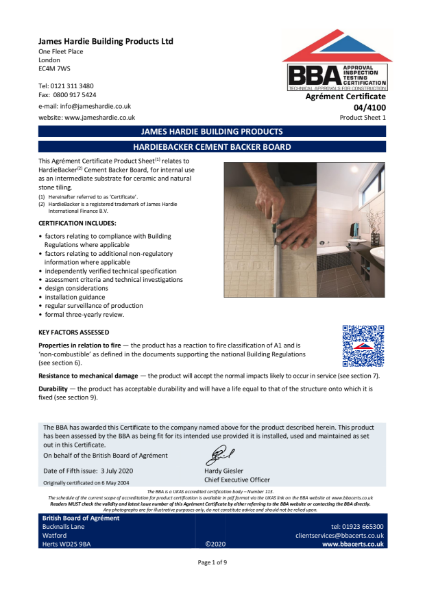 Hardie® Backer tile backer boards BBA Certificate 04/4100