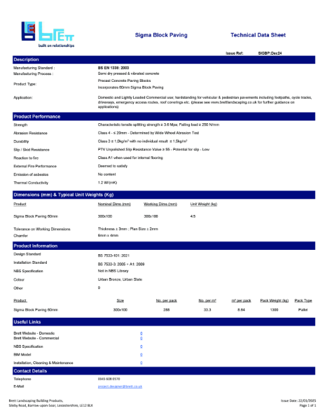 Sigma Block Paving - Technical Datasheet