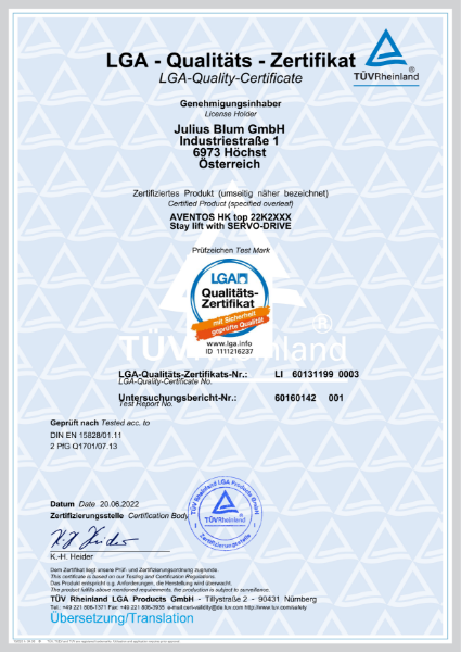 AVENTOS HK top stay lift with SERVO-DRIVE LGA-Certificate