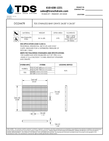 TDS Stainless Bar Grate 24.00" x 24.00" - DG2447R