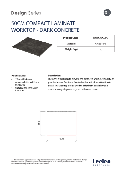 Zara 50 cm Width 12 mm Compact Laminate Worktop - Dark Concrete