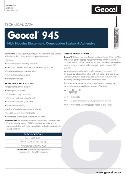 Geocel 945 High modulus elastomeric construction sealant & adhesive