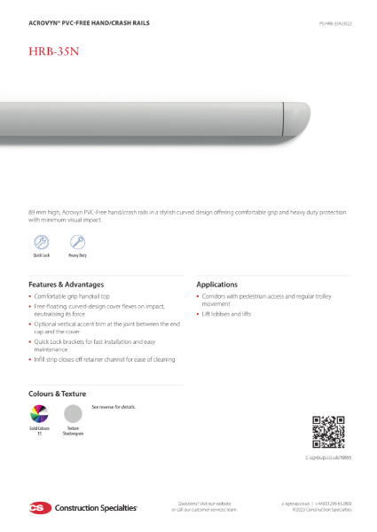 Product Sheet - CS Acrovyn PVC-Free HRB-35N Hand/Crash Rail