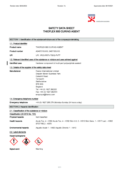 Thioflex 600 Curing Agent Safety Datasheet