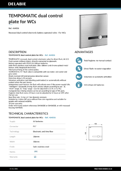 TEMPOMATIC Dual Control WC flush Battery-operated Data sheet - 464006