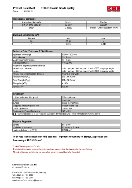 KME TECU Classic Copper Datasheet