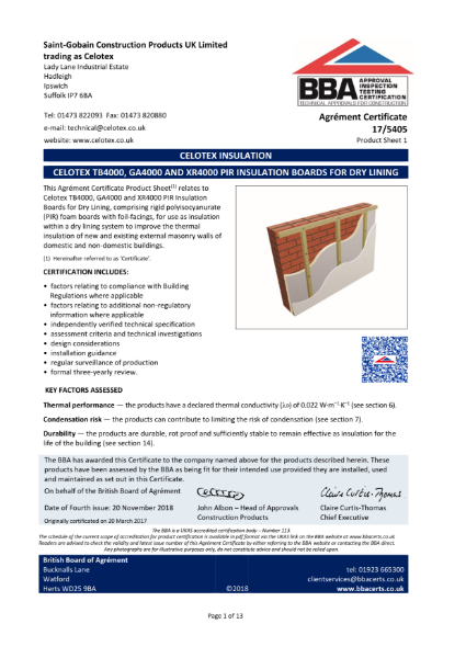 Celotex Dry Lining BBA Certificate for TB4000, GA4000 and XR4000