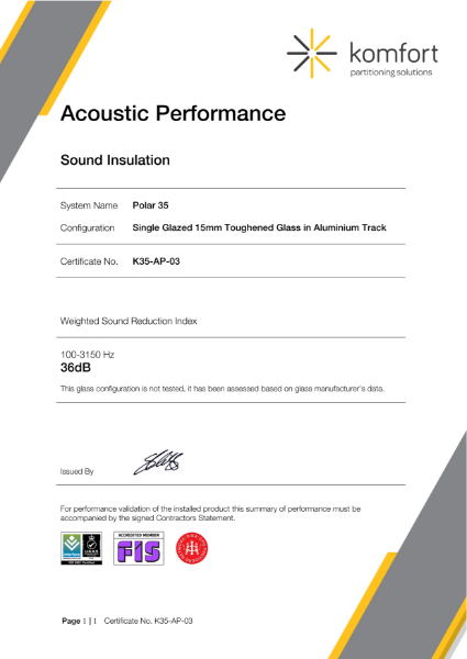 K35-AP-03 | Acoustic Performance | Polar 35 | 15mm Toughened | 36dB