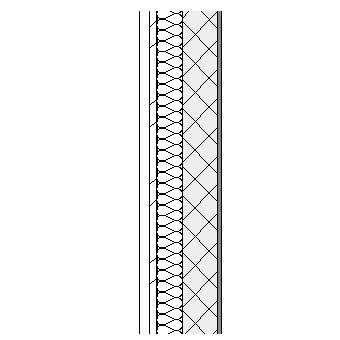 Natural stone panels with metal frame, weather barrier, insulation, concrete block and plaster