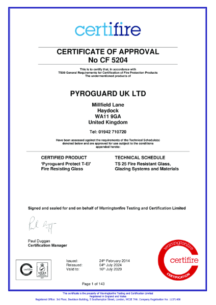 Certifire Certificate of Approval CF 5204 - Pyroguard T-EI