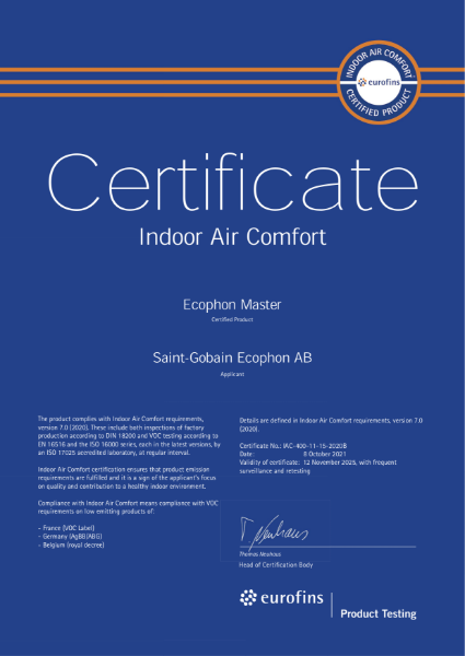 Ecophon Eurofins Certificate - Master inc. Extra Bass - Indoor Air Comfort