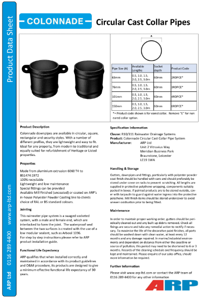 Colonnade Circular Cast Collar Pipe Data Sheet