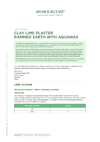 Armourcoat Clay Lime Plaster Rammed Earth - LEED Statement