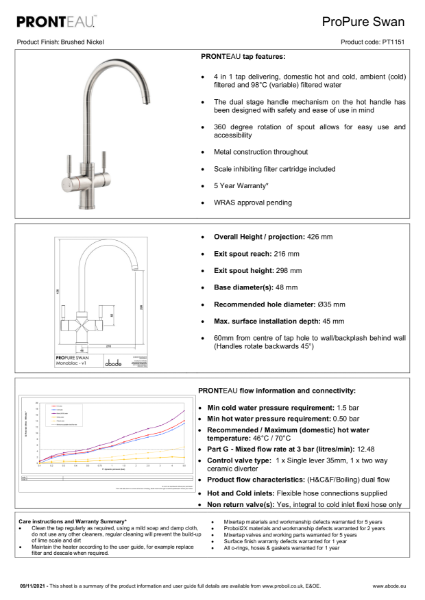PT1151 PRONTEAU™ Propure 4 in 1 Tap (Brushed Nickel) - Consumer Specification