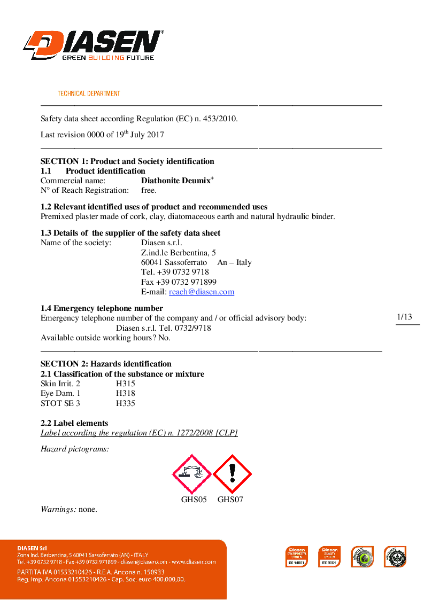 Diasen Diathonite Deumix Plus Material Safety Datasheet