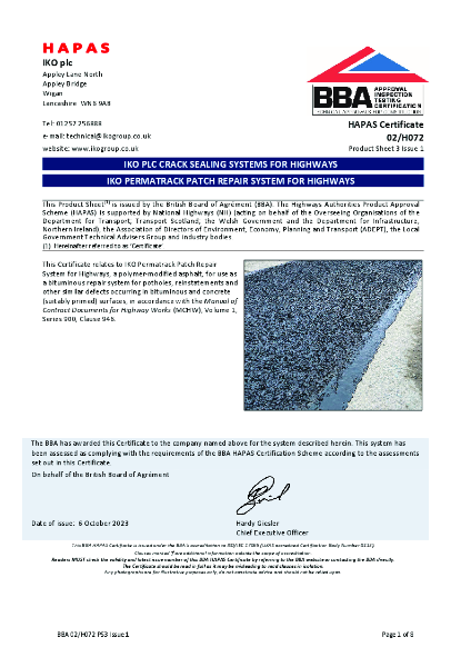 BBA Certificate - IKO Permatrack Road Surface Patch Repair System