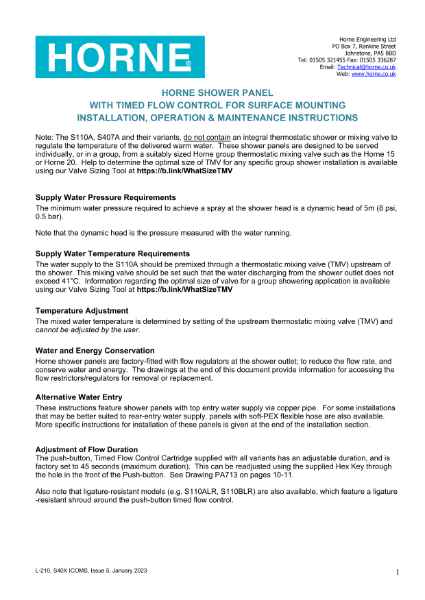 Instructions - Horne (non-thermostatic) Shower Panels