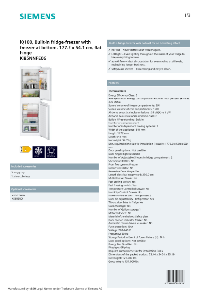 iQ100, Built-in fridge-freezer with freezer at bottom, 177.2 x 54.1 cm, flat hinge KI85NNFE0G