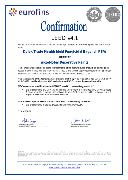 Dulux Trade Mouldshield Eggshell LEED Attestation