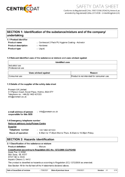 Centrecoat 2 Pack PU Hygiene Paint - Safety Data Sheet Part B