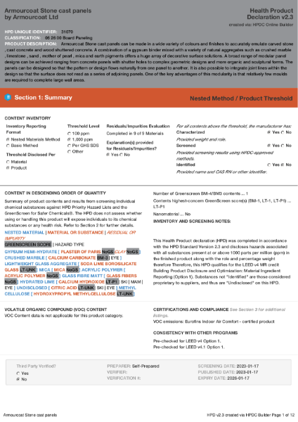 Armourcoat Cast Panels - Health Product Declaration