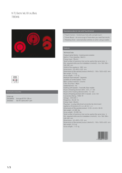 Ceramic hobs T18FDH9L, Datasheet