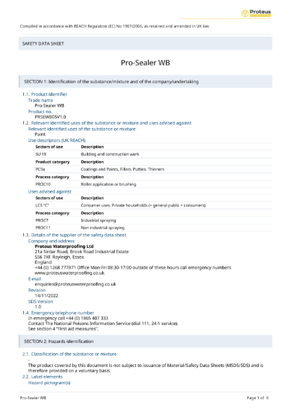 Material Safety Data Sheet - Proteus Pro-Sealer WB