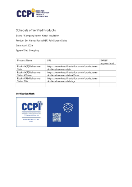 Knauf Insulation Rocksilk® RainScreen Slabs - Schedule of Verified Products