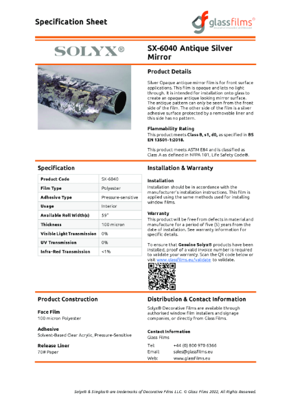 SX-6040 Antique Silver Mirror Specification Sheet