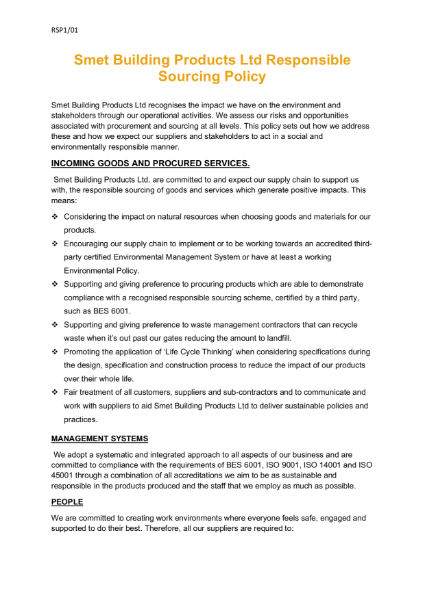 Responsible Sourcing Policy | Smet Building Products Ltd